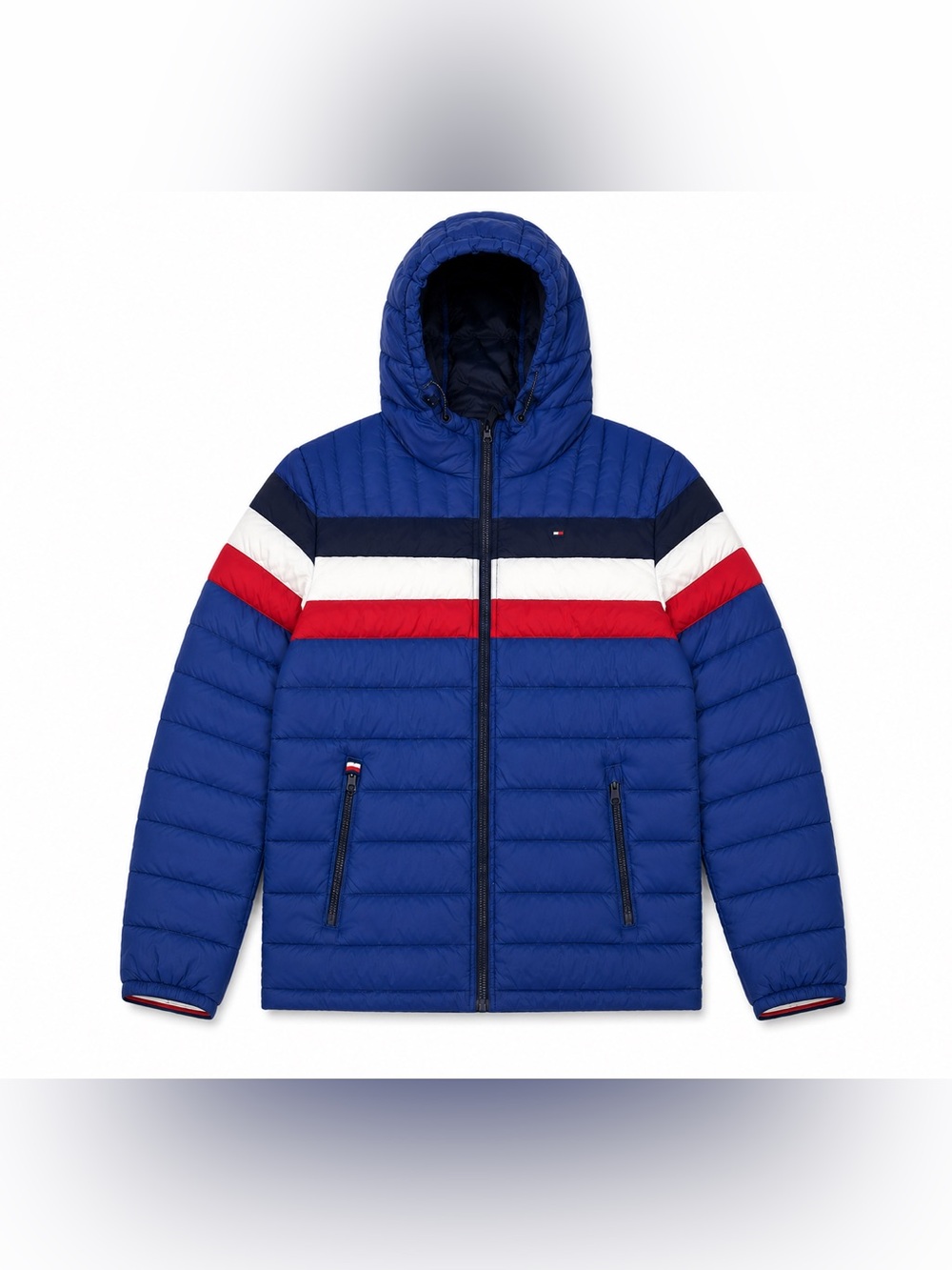 Tommy Hilfiger Men’s Puffer Jacket Medium Blue Red White Hooded Full Zip